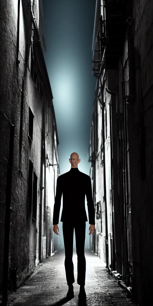 Prompt: photograph of a man with a very elongated thin head in a dark alley, 8k resolution, high detail, ULTRA REALISTIC VFX, reflections