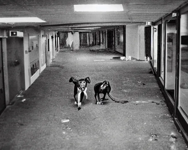 Prompt: camera footage of a 3 Aggressive Feral Black Dogs with severe rabies Chasing a young woman in an abandoned shopping mall, high exposure, dark, monochrome, camera, grainy, CCTV, security camera footage, timestamp, zoomed in, Creepy, Feral, fish-eye lens, Nightmare Fuel, Zombie Dog, Evil, Bite, Motion Blur, horrifying, lunging at camera :4