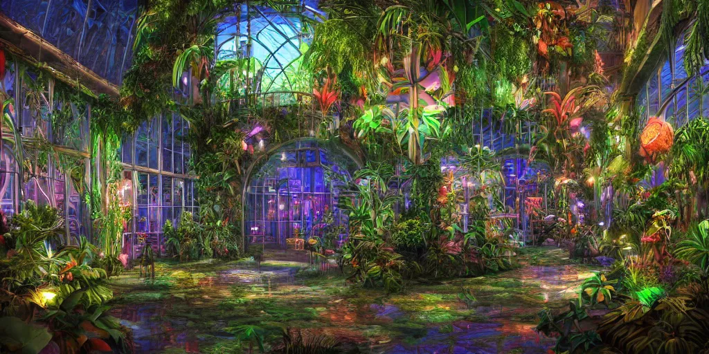 Image similar to tropical greenhouse garden, neon lights, mythology, fairy tale, urban landscape, evening, highly detailed, low angle view, artstation, in the style of aetherpunk