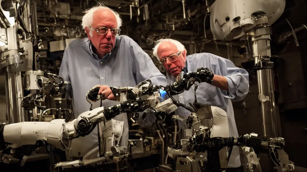 Prompt: bernie sanders putting the finishing touches on a cute clockwork doomsday robot, cinematic moody lighting, sharp focus, dirty laboratory, imax
