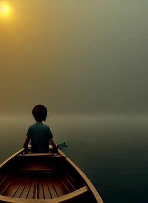 Image similar to boy in boat, Artstation, Confident, fog, rain, volumetric lighting, beautiful, golden hour, sharp focus, ultra detailed, cgsociety by Leesha Hannigan, Ross Tran, Thierry Doizon, Kai Carpenter, Ignacio Fernández Ríos, noir art house, 4k, 35mm, fujifilm