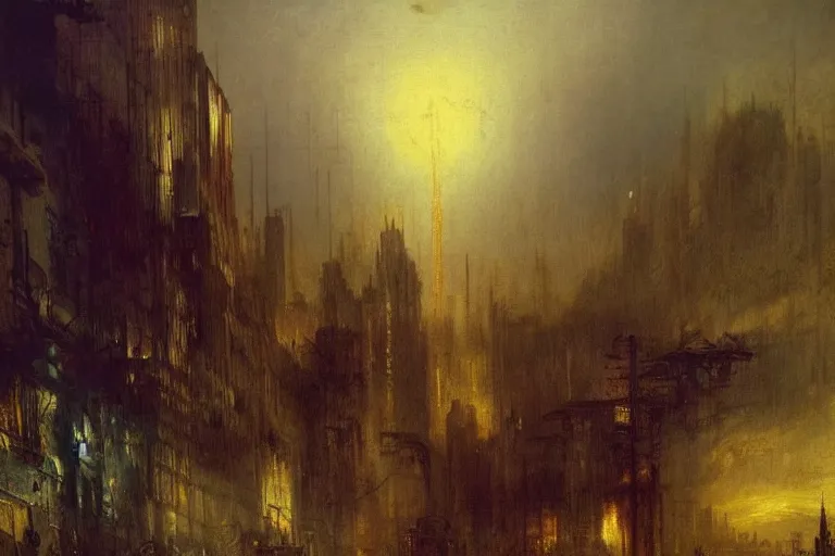 Prompt: cyberpunk post-apocalyptic city landscape with hooded figure painted by William Turner 1860