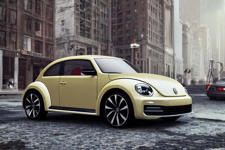 Prompt: 2 0 2 0 model vw beetle concept art in a city centre, octane render, unreal engine 5, trending on artstation, high quality, 8 k, soft lighting, path traced, hyperrealistic, highly detailed, digital art, symmetrical, cinematic, high coherence, godrays