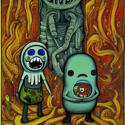 Image similar to adventure time with finn and jake painting by h. r. giger