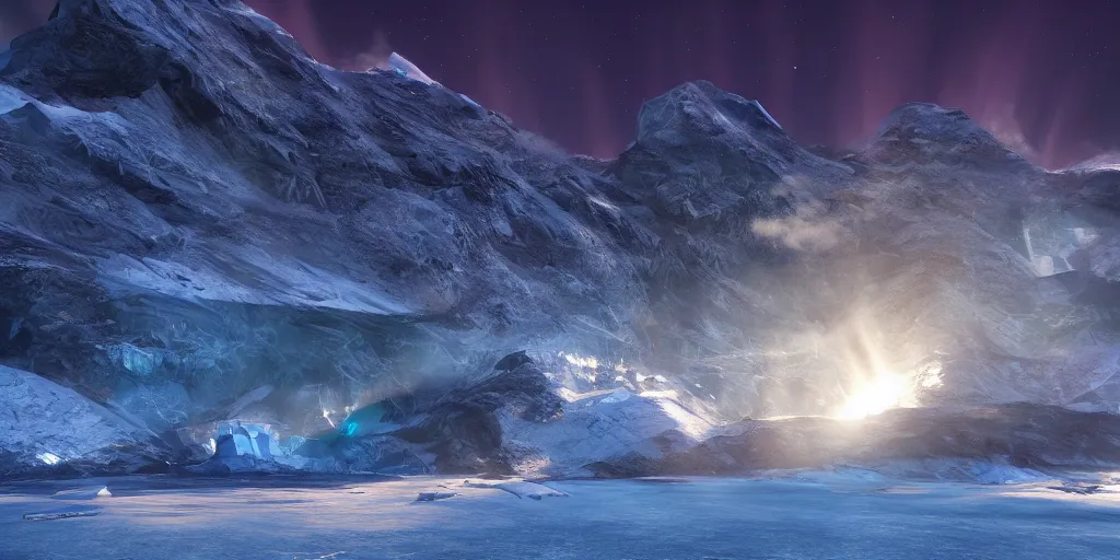 Prompt: icy mountain, icy buildings, glowing nacreous clouds, aurora borealis, cinematic lighting, atmospheric lighting, focus, ultra realistic, detailed, award winning, trending on artstation, unreal engine, digital art