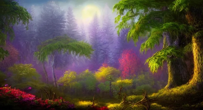 Image similar to A professional digital landscape painting of The Feywild forests overlooking a mansion, painted by Terese Nielsen, 4k, digital art, highly detailed, upper body shot, shallow depth of field, purple and yellow lighting, professional lighting, airbrush,