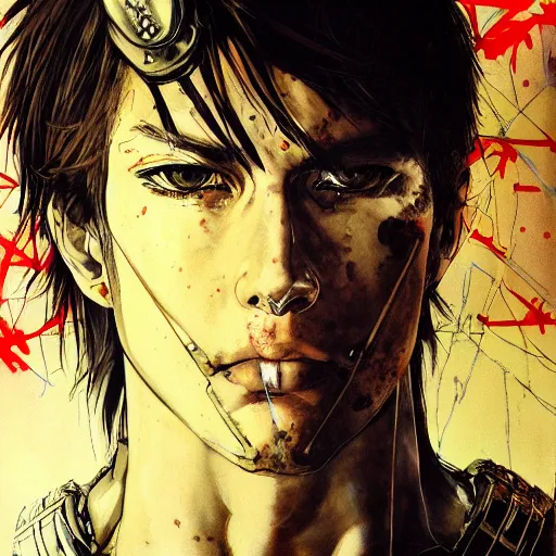 Image similar to portrait of a young white hero using his right arm to hold his sword covering his eye by yoji shinkawa, high quality, extra details, realism, ornate, colored, golden chain, blood, white skin, short hair, brown eyes, vivid, sunlight, headband, eyepatch, white american soldier, painting, cybernetics, military