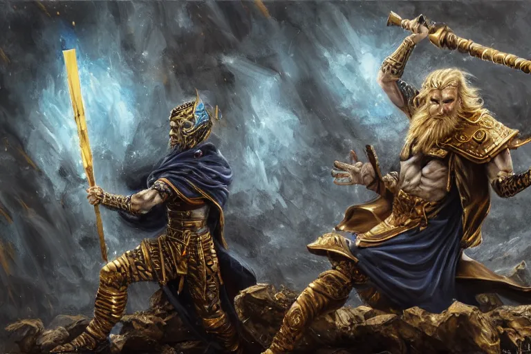 Image similar to mythological angry odin all father supreme God of thunder and smithing and artificial intelligence creating an artificial neural network with gold synapses on an anvil with his mighty hammer, high resolution, award winning art, trending on art station, sharp image, incredibly detailed, detailed character, realistic painting, hyper-realistic painting, coherent painting