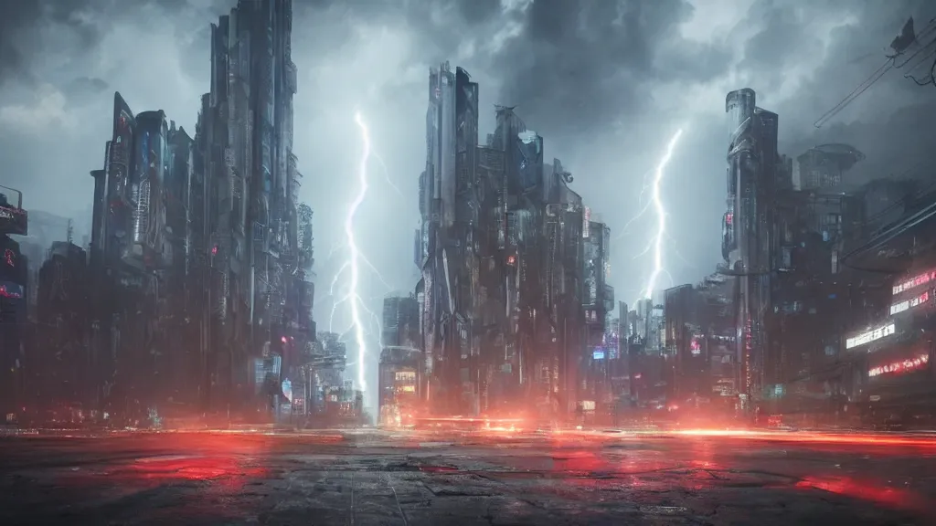 Image similar to a huge lightning strike destroying a dystopian city, cyberpunk, sharp focus, dynamic lights, still, photograph, hyper realistic, masterpiece, octane render, rendered, 3 d, cinematic, cinematic lighting, dramatic lighting, highly detailed, intricate details, texture, cinematic composition, wide shot, by donglu yu and kevin jick and eddie del rio