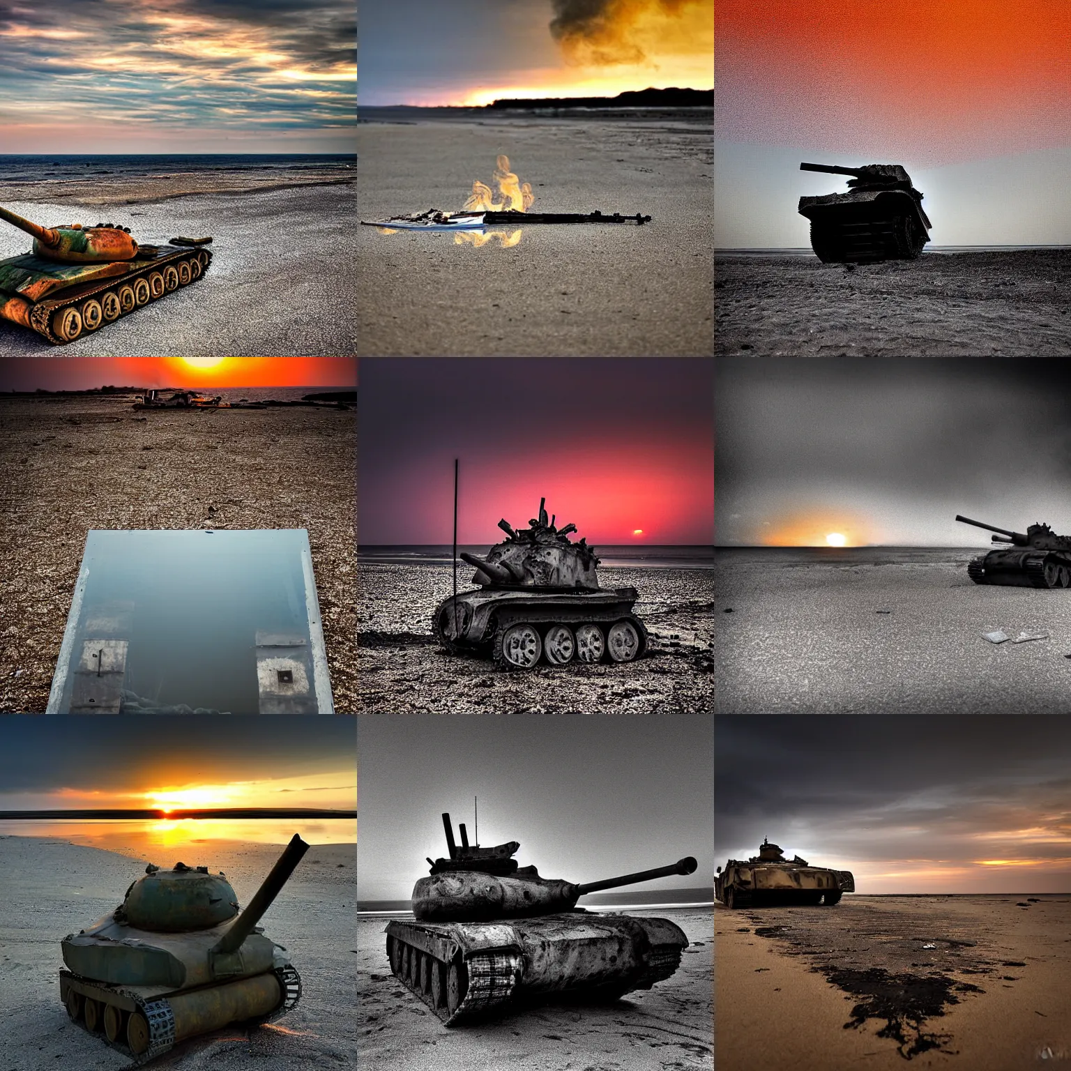 Prompt: destroyed tank on an empty beach, smoking and burning, reflections, award winning photograph, sunset, desolate, atmospheric