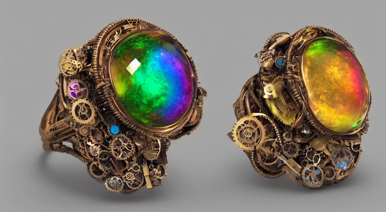 Image similar to a steampunk ring with rainbow colours, macro photography, F/2.8, trending on artstation, octane render