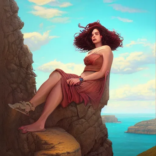 Image similar to a painting of a woman sitting on a cliff, a character portrait by clyde caldwell and tom bagshaw, cg society, fantastic realism, official art, 1 9 9 0 s, academic art