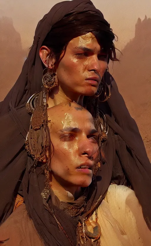 Image similar to a portrait of a bedouin, concept art, deep focus, intricate, highly detailed, digital painting, artstation, matte, sharp focus, illustration, art by greg rutkowski and alphonse mucha