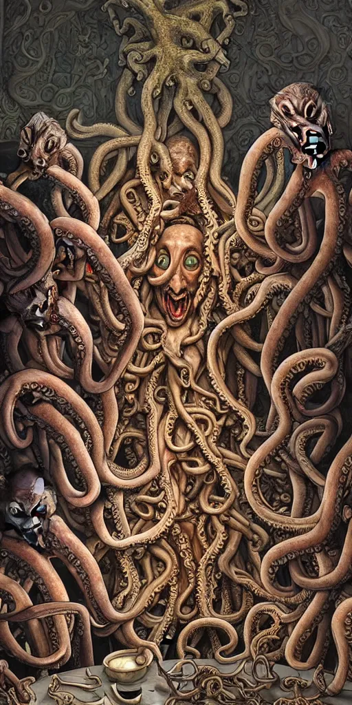 Prompt: group of humans with octopus heads arguing with mages with medusa heads they are sitting near the table in an ancient mage castle with enormous scale, gothic and baroque, brutalist architecture, ultradetailed, Intricate by James Jean and Josan Gonzalez and John Howe and Giuseppe Arcimboldo