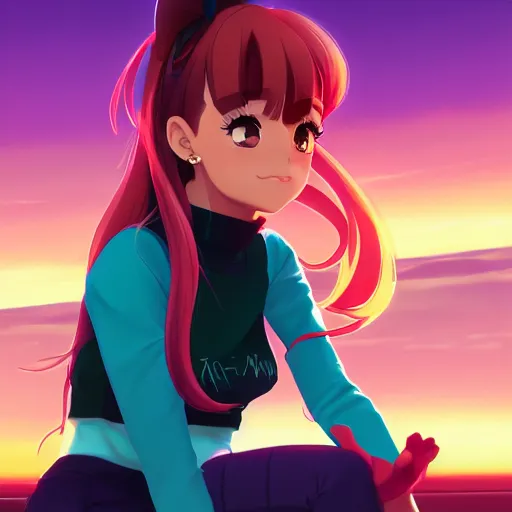 Image similar to portrait of ariana grande, sunset background, rich vivid colors, ambient lighting, dynamic lighting, 4k, official media, anime key visual, makoto shinkai, ilya kuvshinov, lois van baarle, rossdraws, detailed, trending on artstation