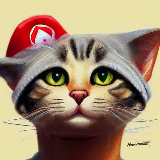 Image similar to Portrait of a Cat wearing a red Super Mario hat, kawaii aesthetic, nintendo, box art, highly detailed, digital painting, artstation, concept art, smooth, sharp focus, illustration, art by artgerm and greg rutkowski and alphonse mucha