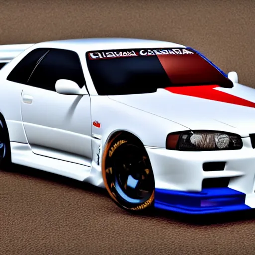 Prompt: nissan skyline r34 with canadian flag paintwork, photography, realistic, detailed