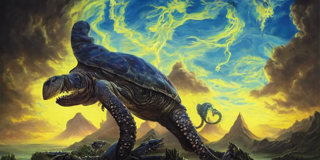 Image similar to fantasy oil painting, great leviathan, cybernetic turtle cephalopod terrapin reptilian pachyderm squid, bella hadid, hybrid, milla jovovich, anubis, epic natural light, lush plants flowers, spectacular mountains, bright clouds, luminous sky, outer worlds, golden hour, michael cheval, edward hopper, michael whelan, vray, hd