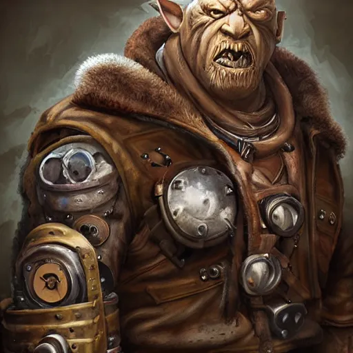 Image similar to portrait of a muscular, bald orc mechanic, wearing a heavy brown leather coat, wielding a wrench, tusks visible, steampunk and magic setting, Warcraft character, fantasy character, dramatic lighting, high detail, digital art by Ruan Jia