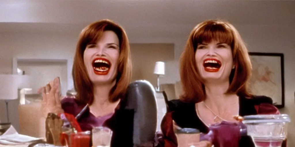 Prompt: still frame of Geena Davis in Pulp Fiction laughing hysterically over a joke