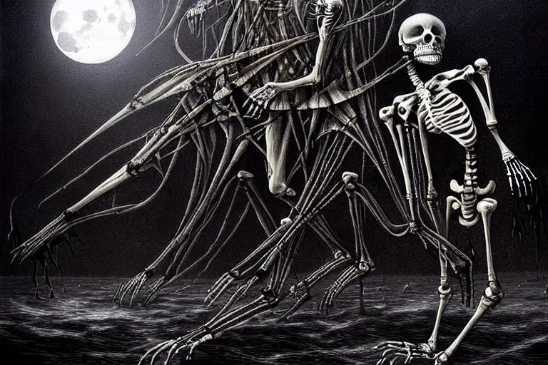 Image similar to highly detailed fine painting Macabre Dancing skeletons eerie moonlit under water under water scene fantasy digital art by H.R. Giger deviantart