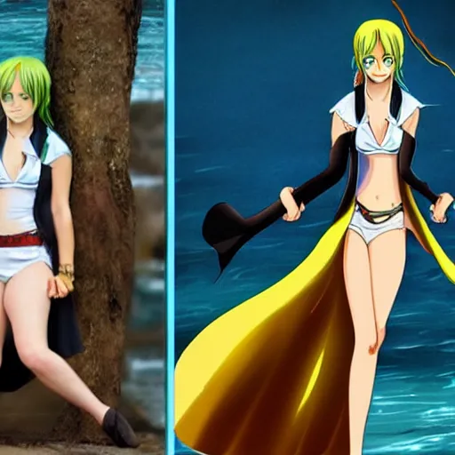 Prompt: a full-body portrait of emma watson cosplay as nami from one piece