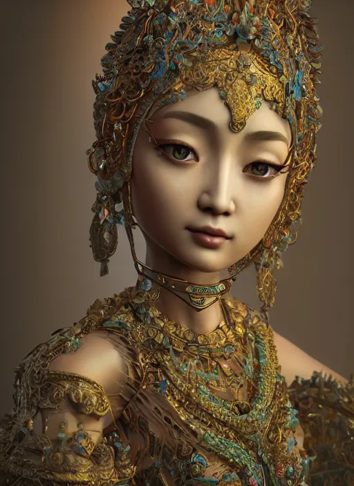 Image similar to a photo - real delicate sculpture of an ornate detailed oriental girl in front of a intricate background by aj fosik, micro detail, backlit lighting, octane renderer, colorful, physically based rendering, tribal art, trending on cgsociety