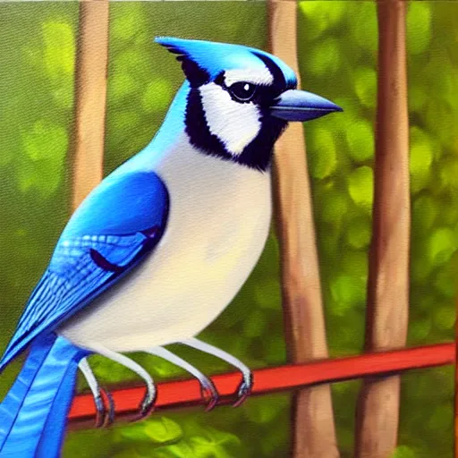 Image similar to expressive oil painting of a blue jay on a small bridge in a forest, natural color palette