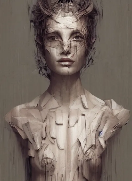 Image similar to sculpture made of wood, portrait, female, future, shaman, harper's bazaar, vogue, magazine, concept art, close up, ornate, luxury, elite, elegant, trending on artstation, by ruan jia, by Kenneth Willardt, by ross tran, by WLOP, by Andrei Riabovitchev,