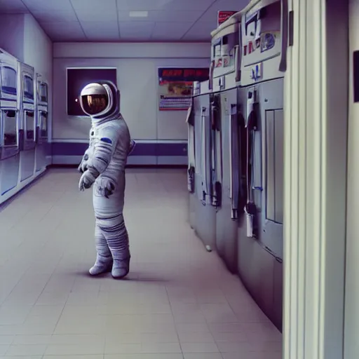 Prompt: a beautiful photo of an astronaut waiting in a laundromat, '70, soft light, morning light, photorealistic, realistic, octane, 8k, cinematic shot