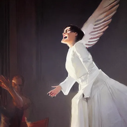 Image similar to Painting by Greg Rutkowski, an opera singer in a white dress with wings on stage