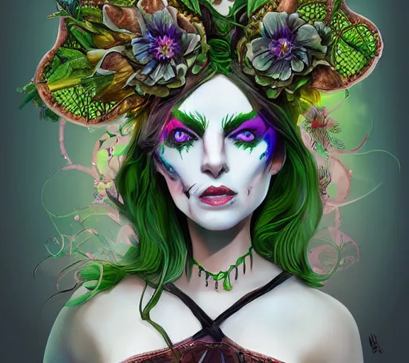 Image similar to beautiful female character inspired by st patricks day parade and floral headdress vampire bounty hunter | | digital artwork made by greg rutswork, anna dittmann and lois van barlee, symmetrical rim light, anatomically correct