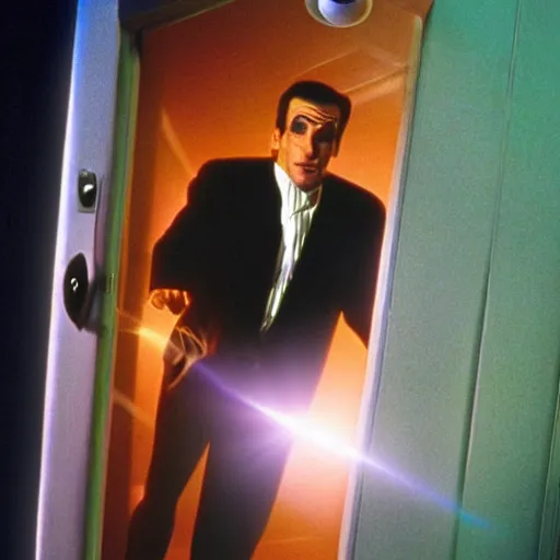 Prompt: Time traveler Sam Beckett from Quantum Leap in the middle of a leap, with his hologram friend Al Calavicci nearby in a glowing image chamber door