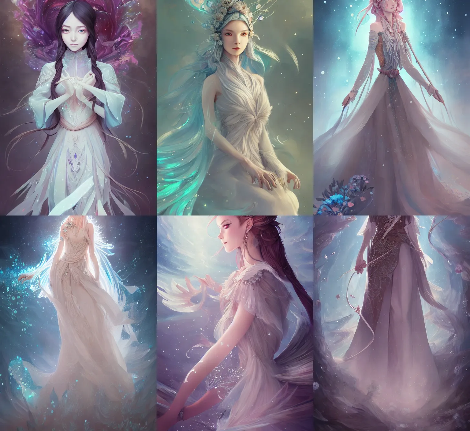 Prompt: detailed, sharp, full body portrait of a fantasy female mage wearing logn dress using ice flower by Anna Dittmann and studio ghibli and WLOP and Rossdraws, digital art, trending on artstation, anime arts, featured on Pixiv, HD, 8K, highly detailed, good lighting, beautiful, epic, masterpiece