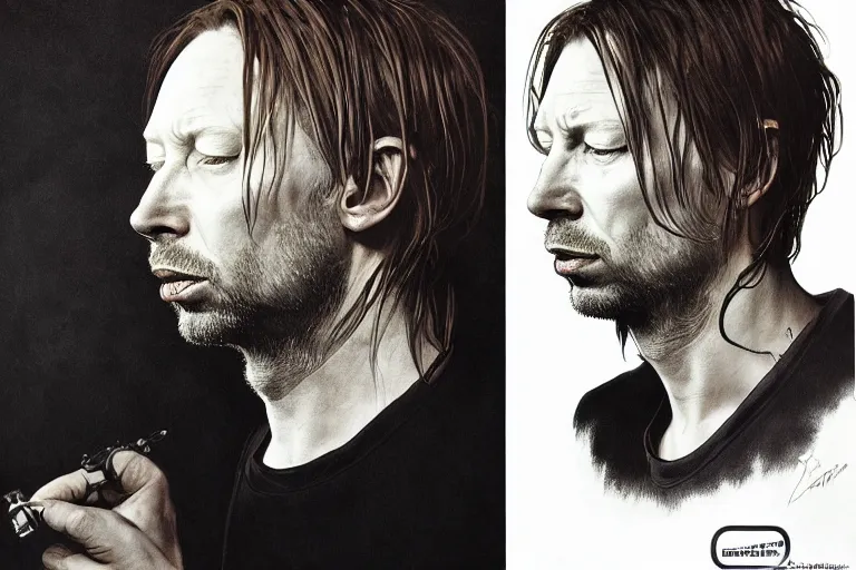 Image similar to hyper realistic portrait of ( thom ) yorke singer songwriter ok computer, side profile, liminal space, by lee bermejo, alphonse mucha and greg rutkowski