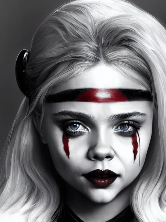 Prompt: chloe grace moretz as a beautiful harley quinn, digital painting, extremely detailed, 4 k, intricate, brush strokes, mark arian, artgerm, bastien lecouffe - deharme