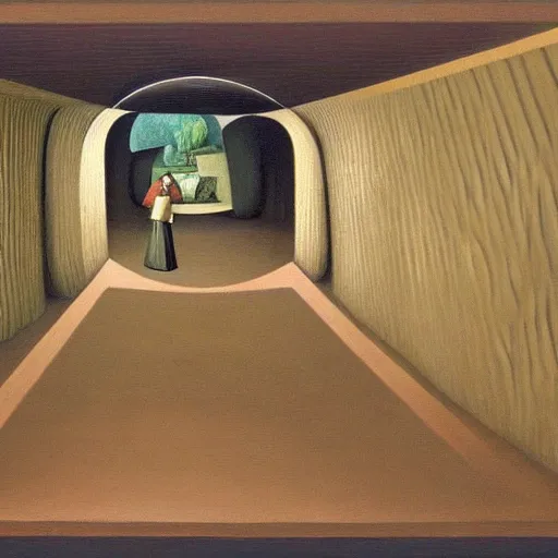 Prompt: 3 d cutaway view of a cardiovascular network of tunnels connecting round concrete domiciles, by grant wood, pj crook, edward hopper, oil on canvas