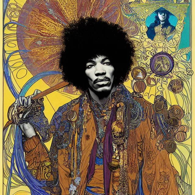 Prompt: artwork by Franklin Booth and Alphonse Mucha and Edmund Dulac showing a portrait of Jimi Hendrix as a futuristic space shaman, futuristic electric guitar, star map, smoke, platonic solids