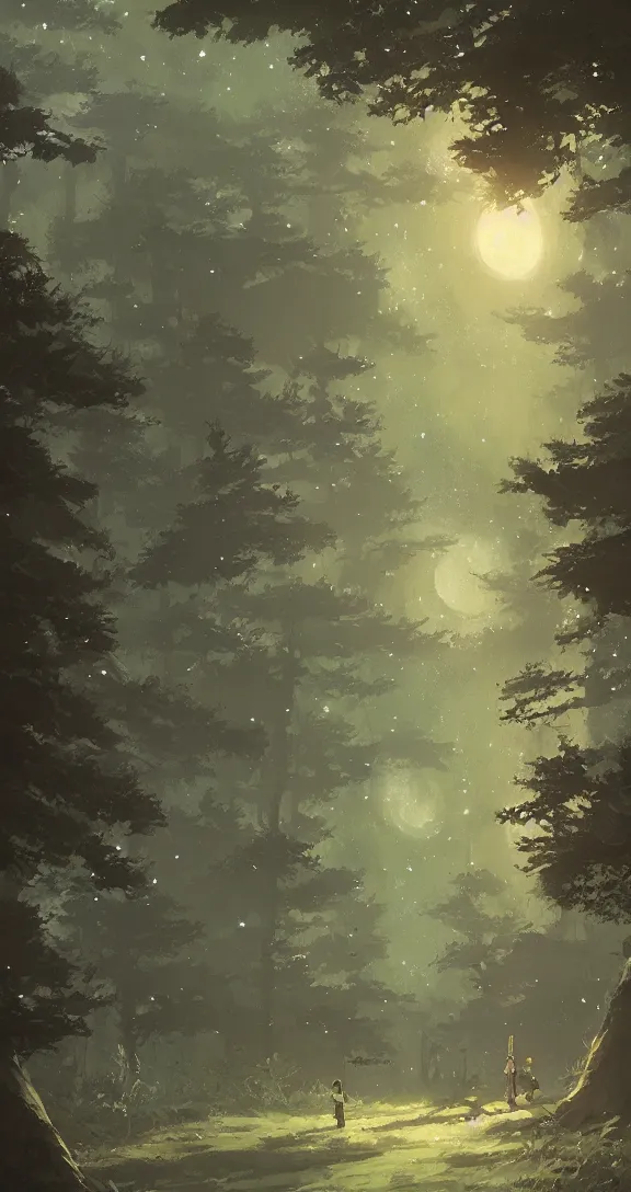 Image similar to A starry night in the forest, by Studio Ghibli and Greg Rutkowski, artstation