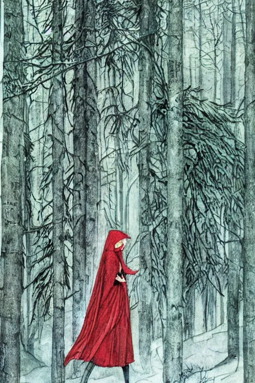 Prompt: red riding hood lost in a winter forest, art by luis royo and walter crane and kay nielsen, watercolor illustration,