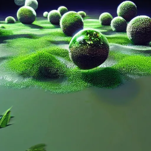 Prompt: man made of marimo moss balls running at the bottom of a lake, unreal engine, high detail