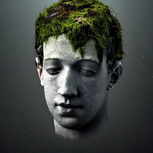 Image similar to Award-winning photograph by Mar Mann. The photo depicts a decaying roman bust of Mark Zuckerberg overgrown with moss at the bottom of the sea in the middle of ruins of civilization. Minimalism, high definition, perfect composition. Deep sea picture. Very dark. Volumetric Lighting. Fish. Darkness. Ruins