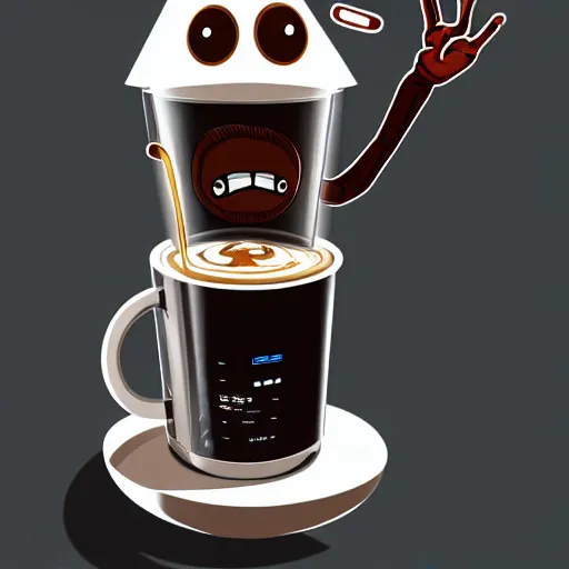 Image similar to monster coffee machine with hands and eyes drink cappuccino, 8 k, details, artstation trends, cyberpunk concept art