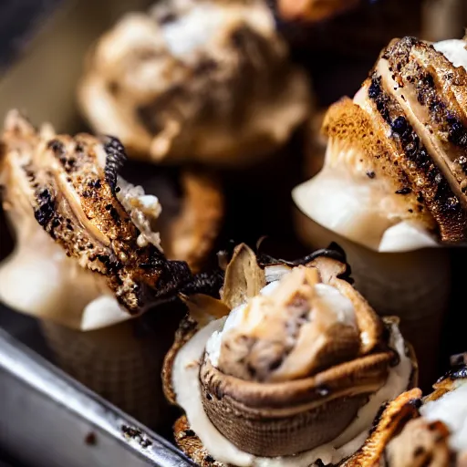 Image similar to a photograph of a clump of ice cream cones growing out of the cavity in a roast turkey like mushrooms. Shallow depth-of-field