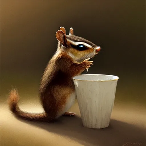 Prompt: a chipmunk drinks out of a cup shaped like an acorn, highly detailed, artstation, art by greg rutkowski,