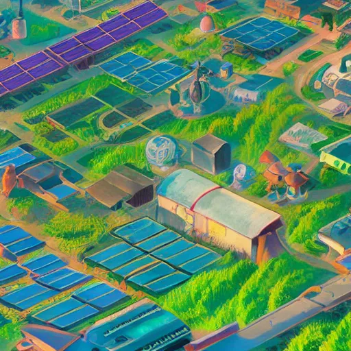 Prompt: solarpunk village, studio ghibli, anime, award winning, aerial shot, sunny