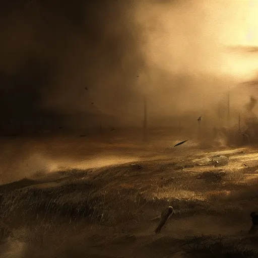 Prompt: a lone white flag flies on a massacred battlefield, smoke rises in the distance, fantasy, realistic, concept art, atmospheric, moody lighting