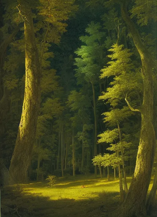 Image similar to a meadow clearing with extremely thin tall trees, spirit of the forest dwells, magically dense, calm serene atmosphere, by asher brown durand, by yoshitaka amano
