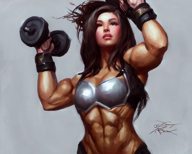 Image similar to portrait of d. va from overwatch as a beautiful female bodybuilder amazon with plump lips, elegant, fantasy, hd shot, digital portrait, beautiful, artstation, comic style, by artgerm, guy denning, jakub rozalski, magali villeneuve and charlie bowater