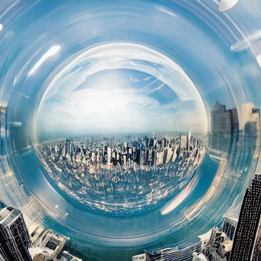 Image similar to huge city inside a water bubble, via tilt shift photography